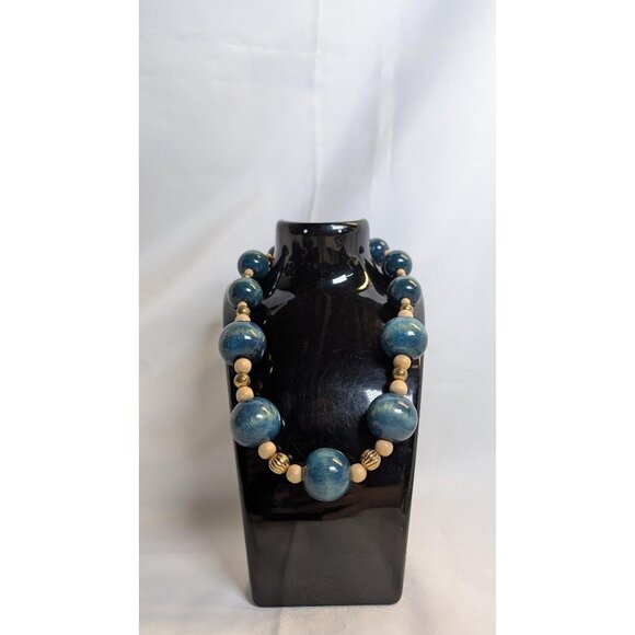 3 for $30 Vintage large block wood necklace | blue, gold and wood tone | retro - Picture 5 of 7